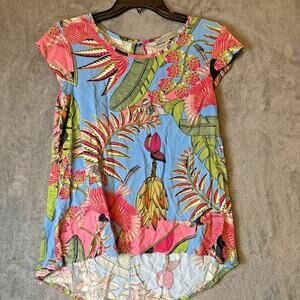 Anthropologie Rose &‎ Thyme Tropical Bird Top Blouse Tunic Hi Low Cap Sleeve S